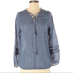 ⏰Ember S blue BOHO lace up v-neck long sleeve top